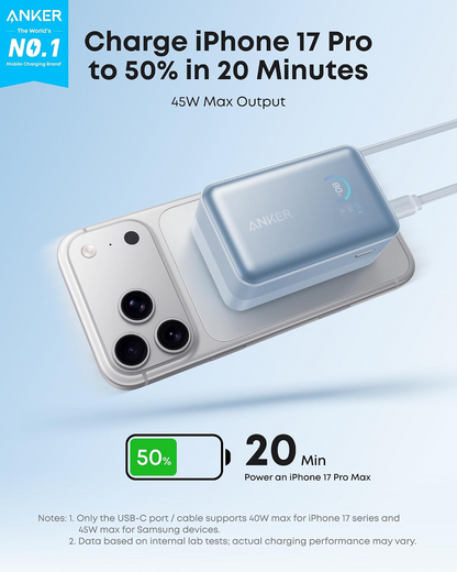 Batteria Esterna Anker Nano, 10000mAh, 45W, QC + PD, 1 x USB-A - 2 x USB-C, Blu