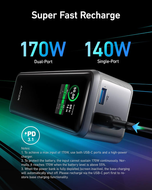Anker Prime Batteria esterna, 27650mAh, 250W, QC + PD, 1 x USB-A - 2 x USB-C, Nero A1340011 A1340011