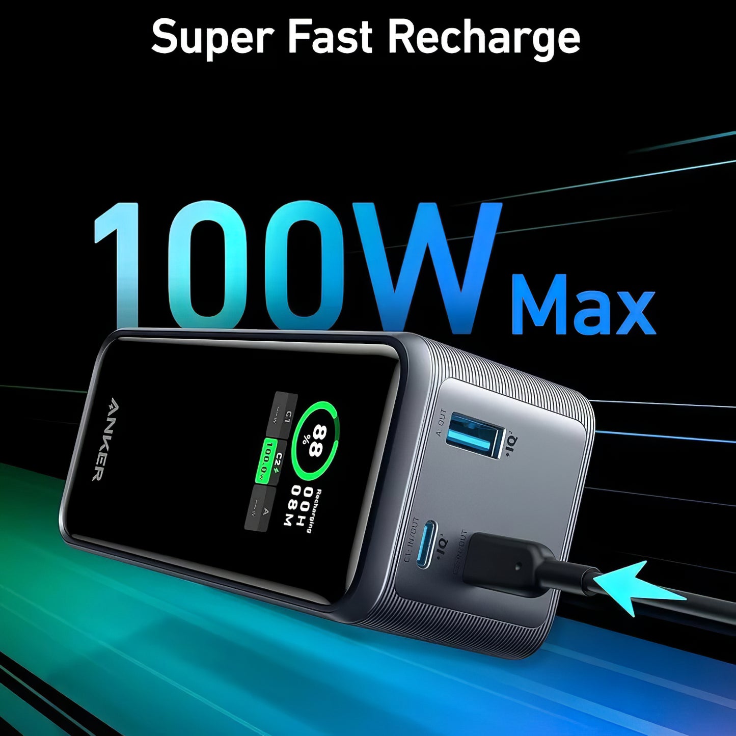Batteria Esterna Anker Prime, 20000mAh, 200W, QC + PD, 1 x USB-A - 2 x USB-C, Nera, Resigillata A1336011
