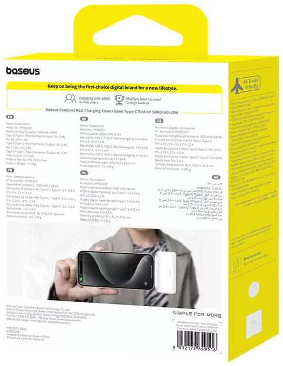 Batteria Esterna Baseus Compact, 5000mAh, 20W, PD, 2 x USB-C, Bianca P10068306213-00