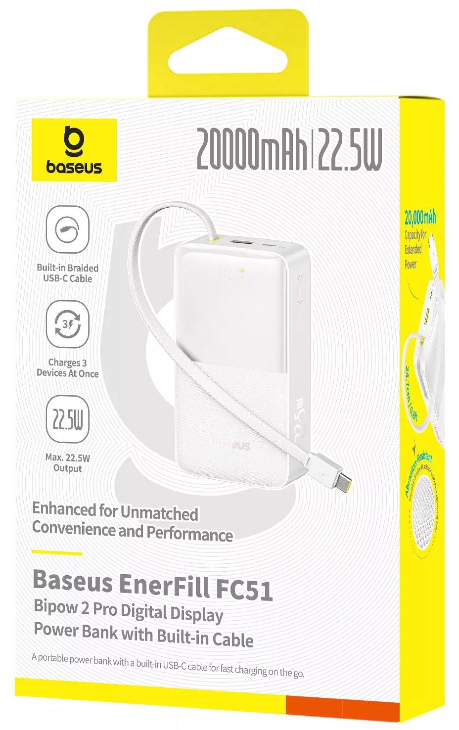 Batteria Esterna Baseus EnerFill Bipow2 Pro, 20000mAh, 22.5W, QC + PD, 1 x USB-A - 2 x USB-C, Bianca E0027700