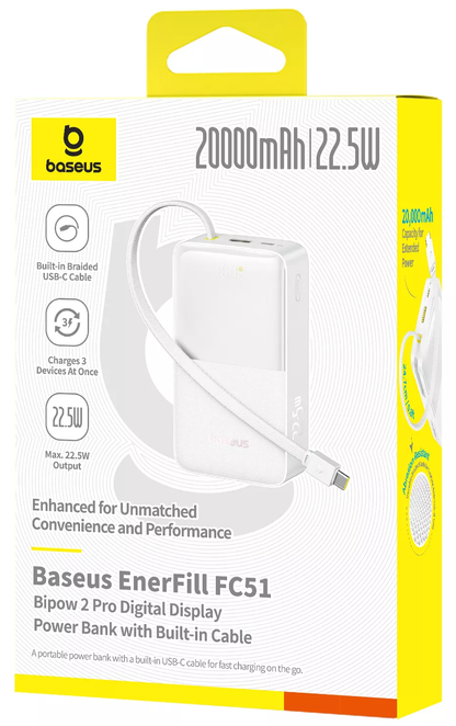 Batteria Esterna Baseus EnerFill Bipow2 Pro, 20000mAh, 22.5W, QC + PD, 1 x USB-A - 2 x USB-C, Bianca E0027700