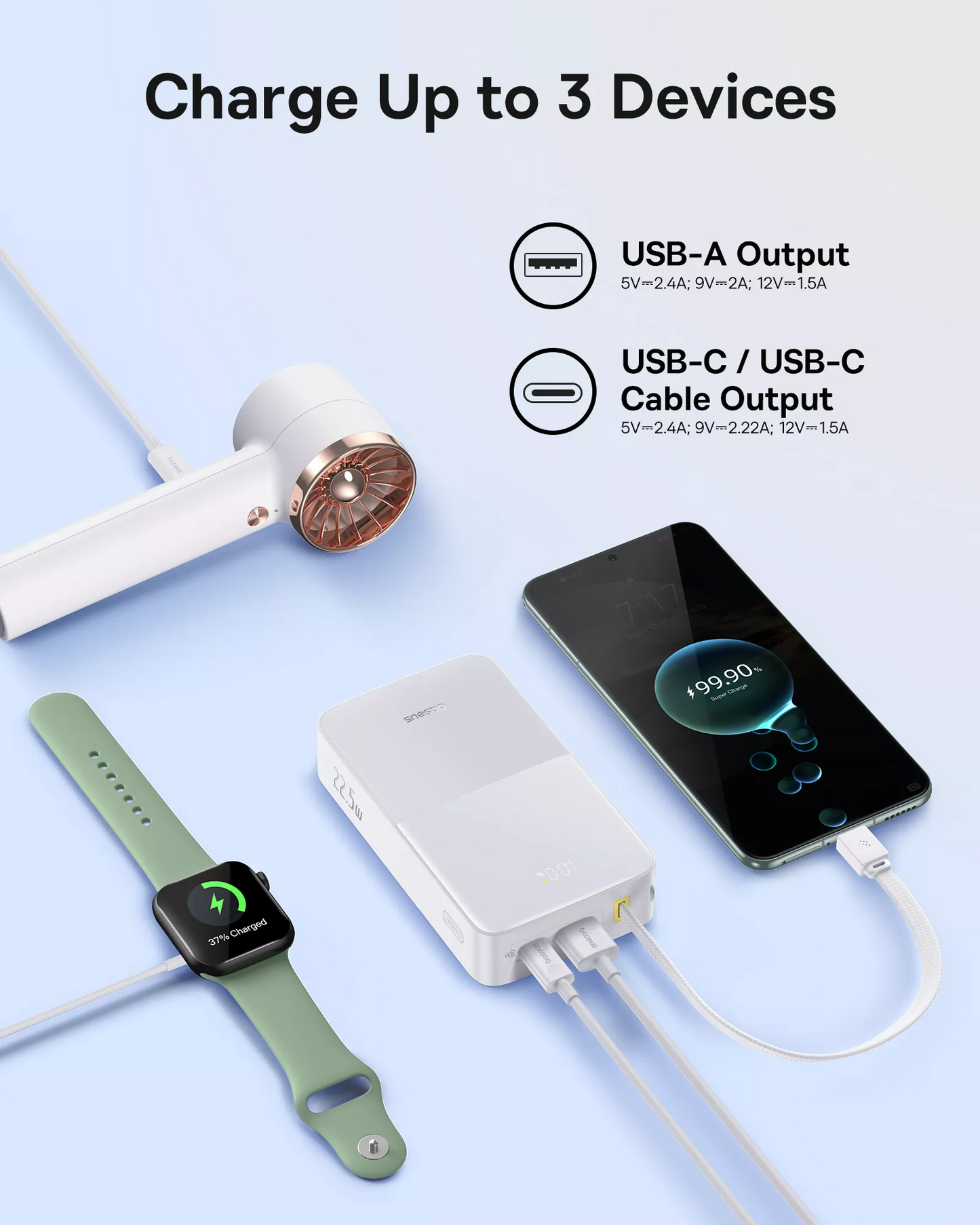 Batteria Esterna Baseus EnerFill Bipow2 Pro, 20000mAh, 22.5W, QC + PD, 1 x USB-A - 2 x USB-C, Bianca E0027700