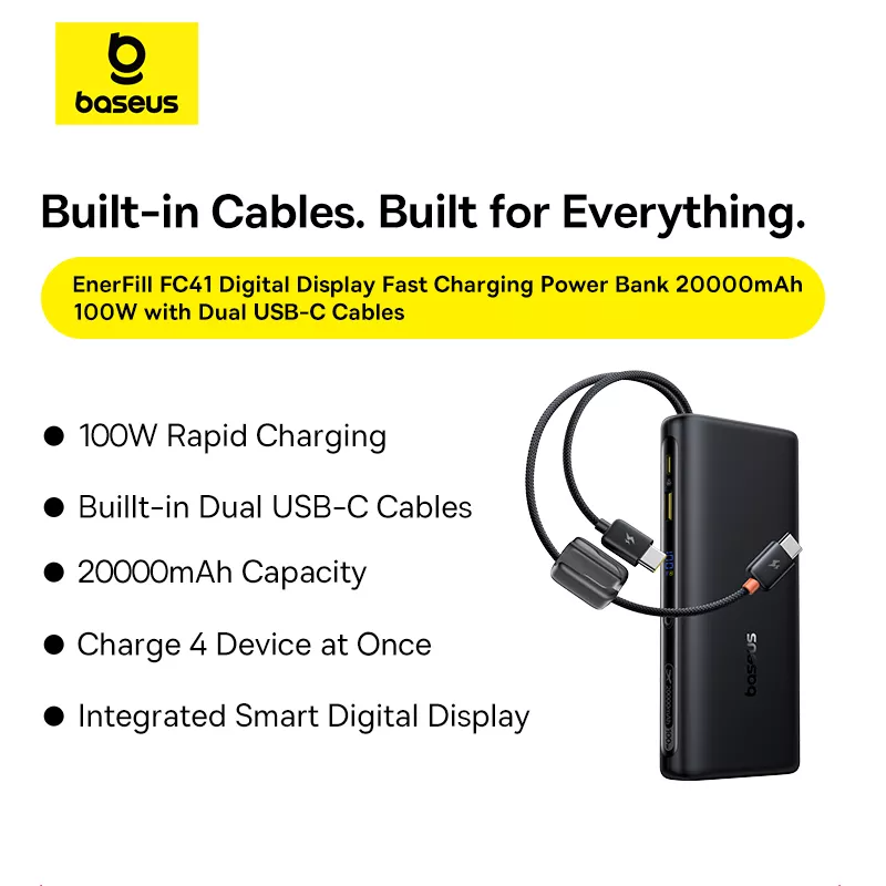Batteria Esterna Baseus EnerFill FC41, 20000mAh, 100W, QC + PD, 1 x USB-A - 3 x USB-C, Nera E0028N03