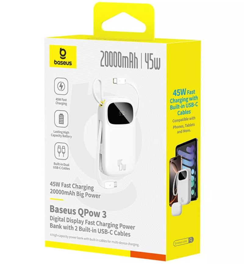Batteria Esterna Baseus EnerFill FC31, 20000mAh, 45W, QC + PD, 1 x Lightning - 1 x USB-A - 2 x USB-C, Bianca P10082105213-00