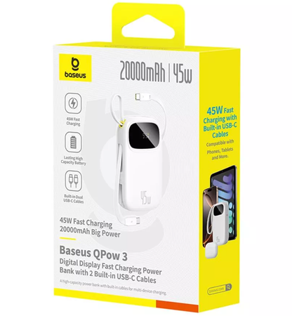 Batteria Esterna Baseus EnerFill FC31, 20000mAh, 45W, QC + PD, 1 x Lightning - 1 x USB-A - 2 x USB-C, Bianca P10082105213-00
