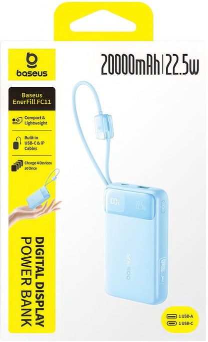 Batteria Esterna Baseus EnerFill FC11, 20000mAh, 22.5W, QC + PD, 1 x Lightning - 1 x USB-A - 2 x USB-C, Blu E0027S06