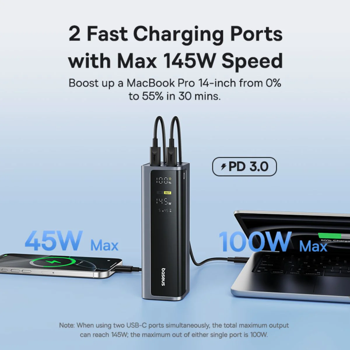 Batteria Esterna Baseus EnerGeek GP12, 20800mAh, 145W, QC + PD, 2 x USB-A - 2 x USB-C, Grigio P10082109813-00