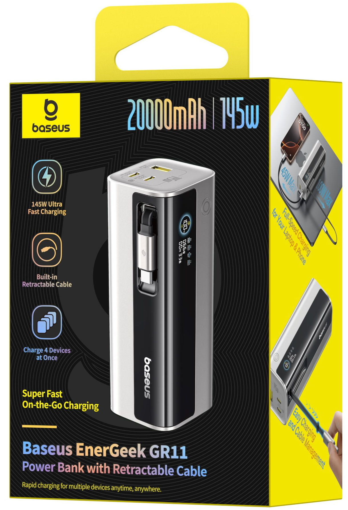 Batteria Esterna Baseus EnerGeek GR11, 20000mAh, 145W, QC + PD, 1 x USB-A - 3 x USB-C, Argento E0027B02