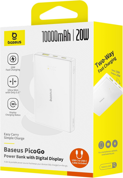 Batteria Esterna Baseus PicoGo, 10000mAh, 20W, QC + PD, 1 x USB-A - 2 x USB-C, Bianca P10076801213-00