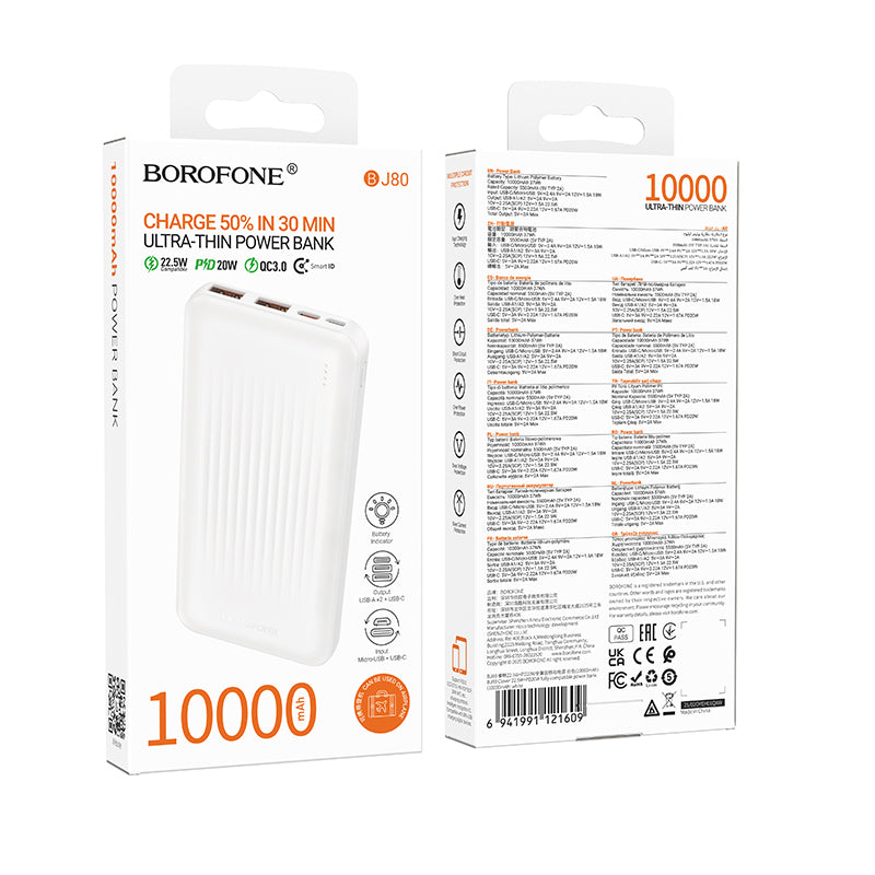 Batteria Esterna Borofone BJ80A Clever, 10000mAh, 22.5W, QC + PD, 1 x USB-C - 2 x USB-A, Bianca