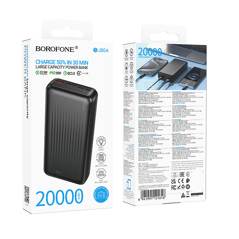 Batteria Esterna Borofone BJ80A Clever, 20000mAh, 22.5W, QC + PD, 1 x USB-C - 2 x USB-A, Nera