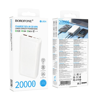 Batteria Esterna Borofone BJ80A Clever, 20000mAh, 22.5W, QC + PD, 1 x USB-C - 2 x USB-A, Bianca