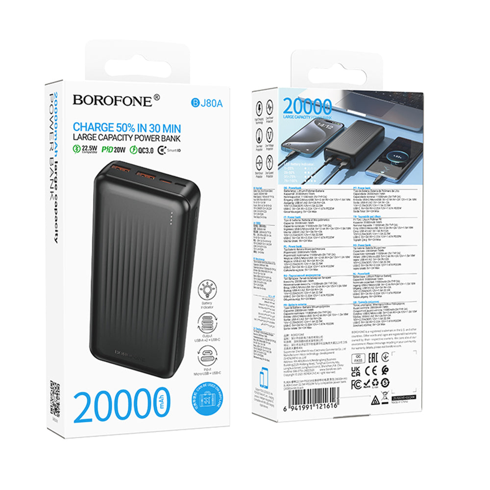 Batteria Esterna Borofone BJ80A Clever, 20000mAh, 22.5W, QC + PD, 1 x USB-C - 2 x USB-A, Nera