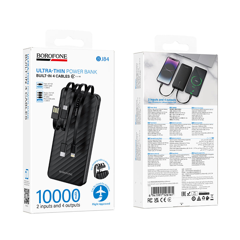 Batteria Esterna Borofone BJ84 Smooth, 10000mAh, 10W, 1 x Lightning - 1 x microUSB - 1 x USB-A - 1 x USB-C, Nera