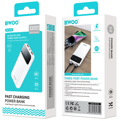 Batteria Esterna BWOO BO-P34, 10000mAh, 22.5W, QC + PD, 1 x USB-C - 2 x USB-A, Bianca