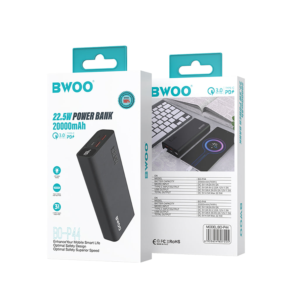 Batteria Esterna BWOO BO-P44, 20000mAh, 22.5W, QC + PD, 1 x USB-C - 2 x USB-A, Nera
