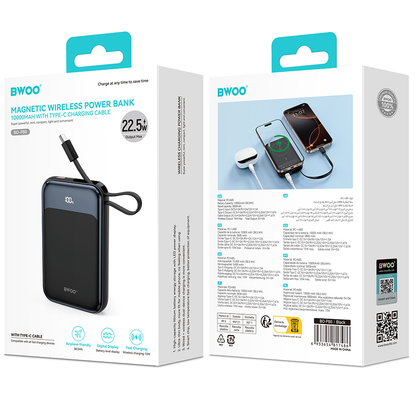 Batteria Esterna Wireless BWOO BO-P80, 10000mAh, 22.5W, PD + FQI, 1 x QI - 2 x USB-C, Nera