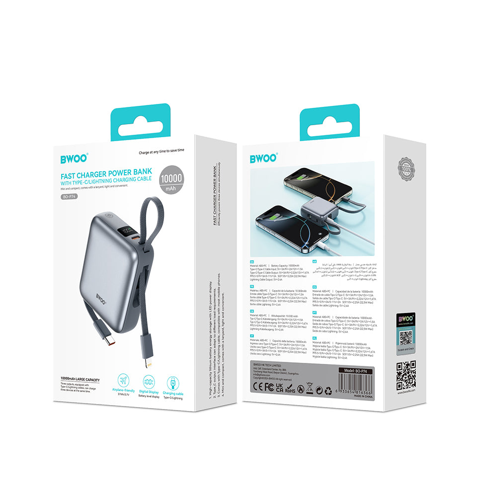Batteria Esterna BWOO BO-P74, 10000mAh, 22.5W, PD, 1 x Lightning - 2 x USB-C, Nera