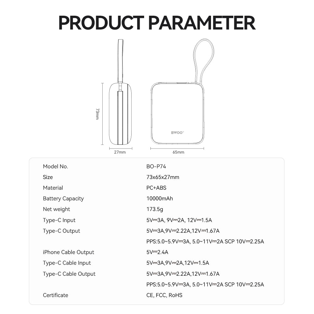 Batteria Esterna BWOO BO-P74, 10000mAh, 22.5W, PD, 1 x Lightning - 2 x USB-C, Nera