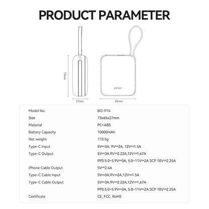 Batteria Esterna BWOO BO-P74, 10000mAh, 22.5W, PD, 1 x Lightning - 2 x USB-C, Nera