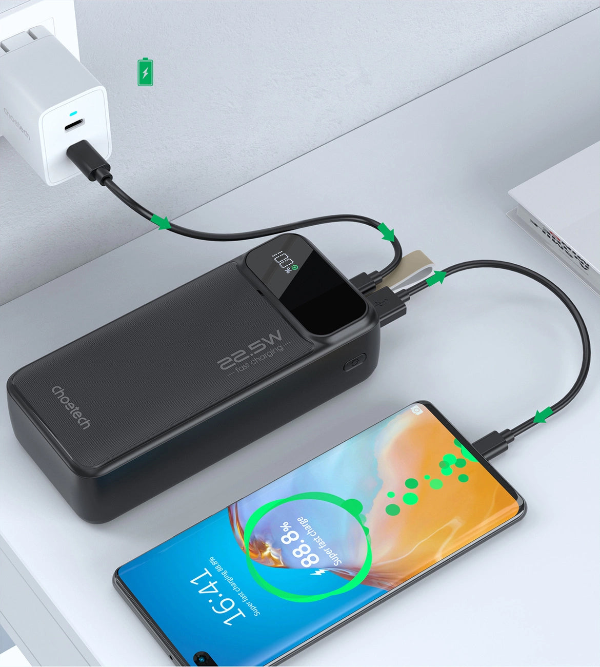 Batteria esterna Choetech B730, 30000 mAh, 22,5 W, QC + PD, 1 x USB-C - 2 x USB-A, nero 