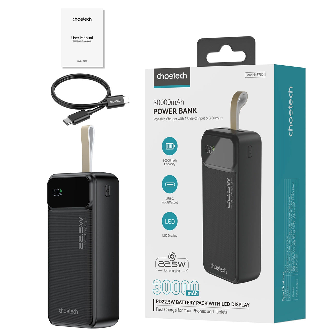 Batteria esterna Choetech B730, 30000 mAh, 22,5 W, QC + PD, 1 x USB-C - 2 x USB-A, nero 