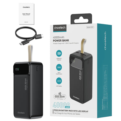 Batteria esterna Choetech B731, 40000mAh, 22,5W, QC + PD, 1 x USB-C - 2 x USB-A, Nero 