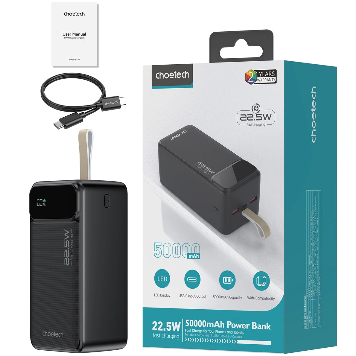 Batteria esterna Choetech B732, 50000mAh, 22,5W, QC + PD, 1 x USB-C - 2 x USB-A, Nero 