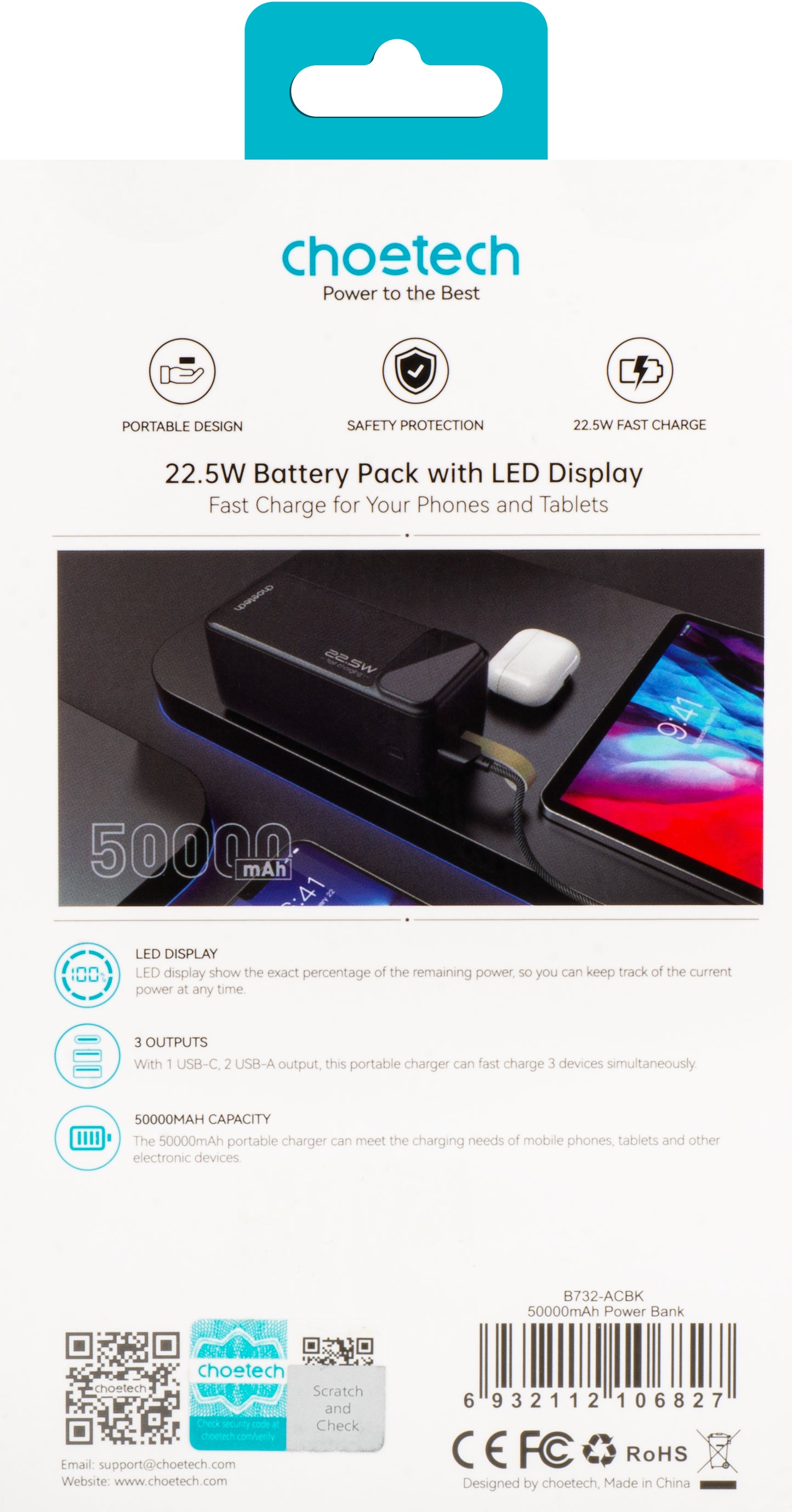 Batteria esterna Choetech B732, 50000mAh, 22,5W, QC + PD, 1 x USB-C - 2 x USB-A, Nero 