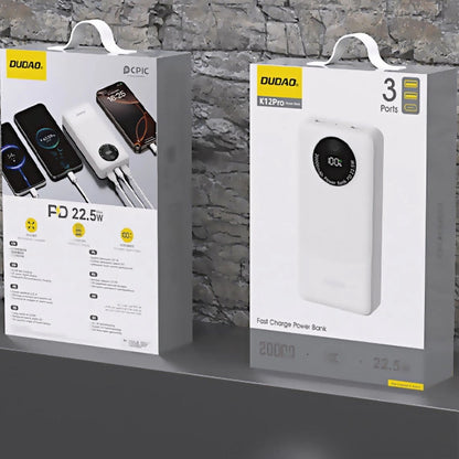 Batteria Esterna Dudao K12Pro, 20000mAh, 22.5W, QC + PD, 1 x USB-C - 2 x USB-A, Bianca