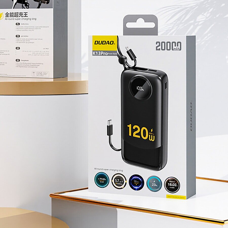 Batteria Esterna Dudao K13, 10000mAh, 22.5W, QC + PD, 1 x Lightning - 1 x USB-A - 2 x USB-C, Nera