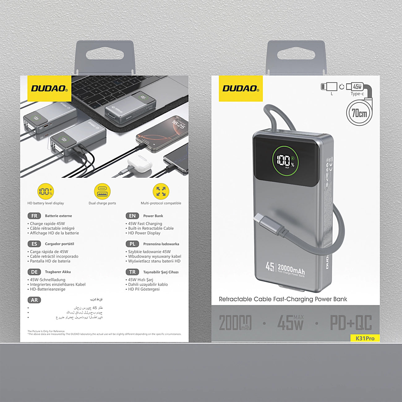 Batteria Esterna Dudao K31 Pro, 20000mAh, 45W, QC + PD, 1 x USB-A - 2 x USB-C, Grigio