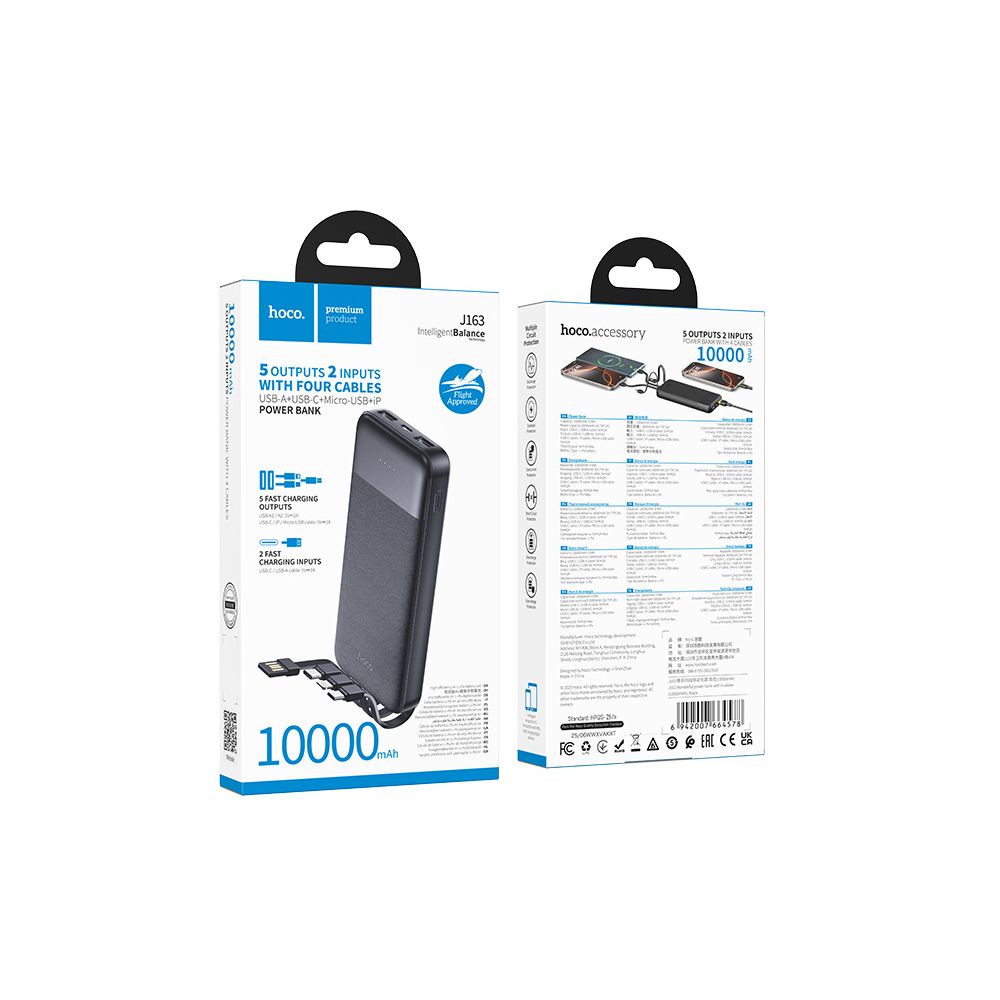 Batteria Esterna HOCO J163, 10000mAh, 10W, 1 x Lightning - 1 x microUSB - 2 x USB-A - 1 x USB-C, Nera