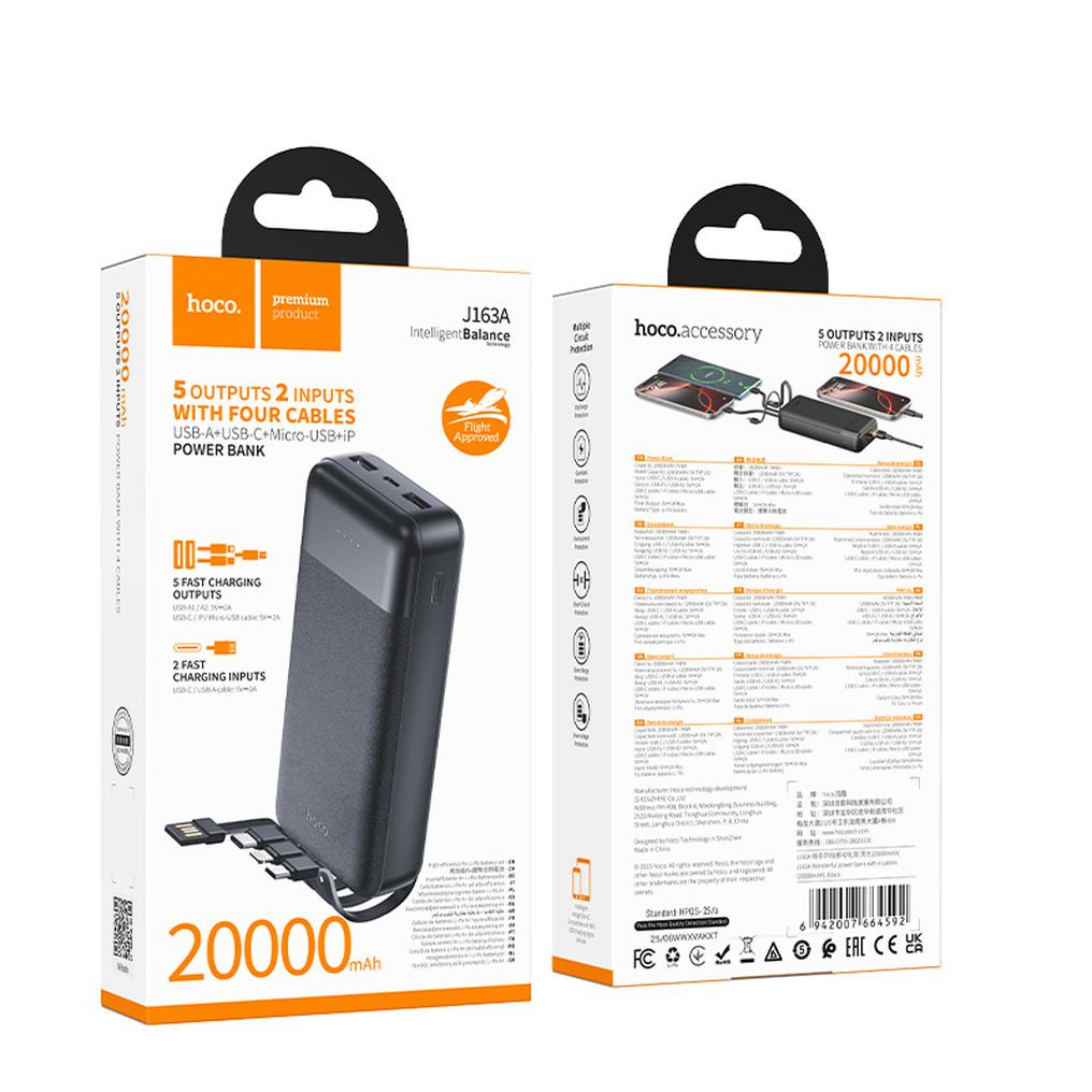 Power bank HOCO J163A, 20000 mAh, 10 W, 1 x Lightning - 1 x microUSB - 1 x USB-C - 2 x USB-A, nera