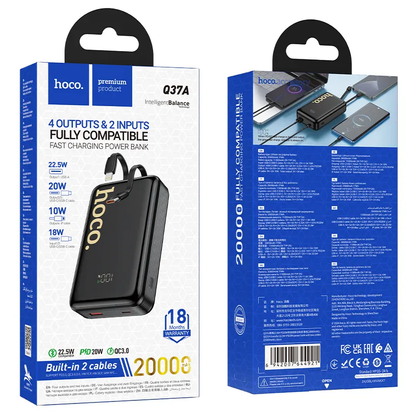 Batteria Esterna HOCO Q37A, 20000mAh, 22.5W, QC + PD, 1 x Lightning - 1 x USB-A - 2 x USB-C, Nera