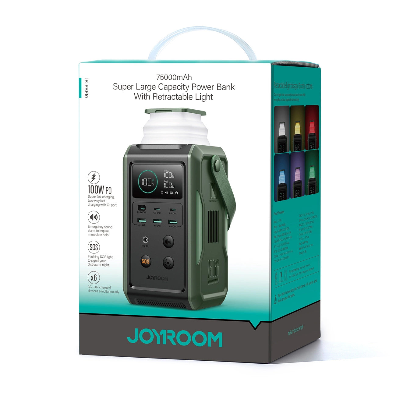 Batteria Esterna Joyroom JR-PBF10, 75000mAh, 100W, QC + PD, 3 x USB-A - 3 x USB-C, Verde