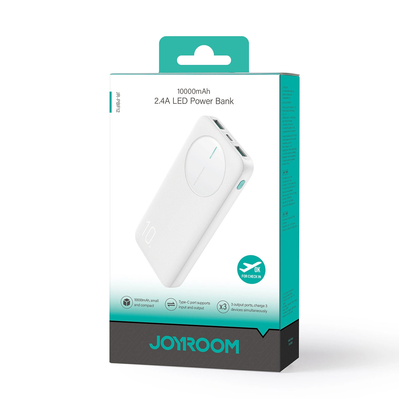 Batteria Esterna Joyroom JR-PBF12, 10000mAh, 12W, 1 x USB-C - 2 x USB-A, Bianca