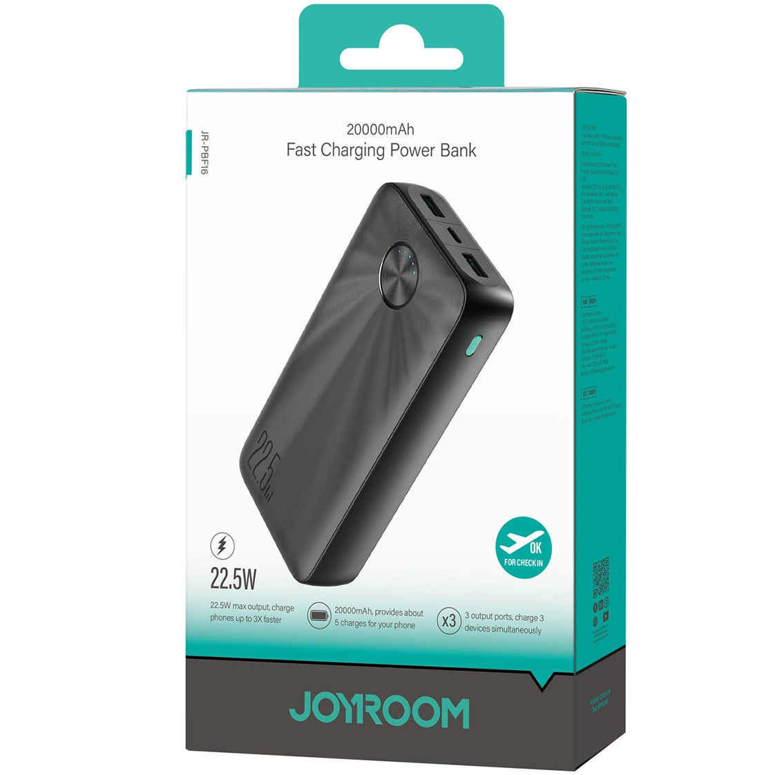 Joyroom JR-PBF16 Batteria esterna, 20000mAh, 22,5W, QC + PD, 1 x USB-C - 2 x USB-A, nero 