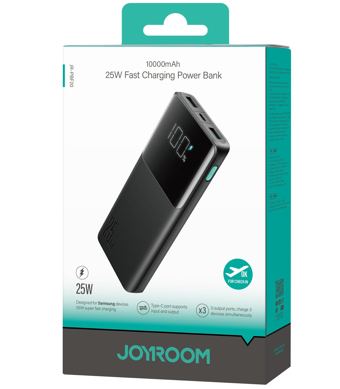 Batteria Esterna Joyroom JR-PBF20, 10000mAh, 25W, QC + PD, 1 x USB-C - 2 x USB-A, Nera