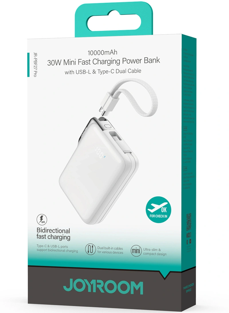 Batteria Esterna Joyroom JR-PBF27 Pro, 10000mAh, 30W, QC + PD, 1 x Lightning - 2 x USB-C, Bianca