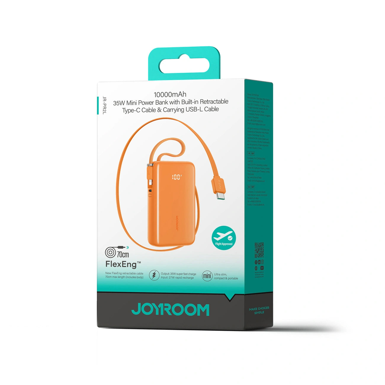 Batteria Esterna Joyroom JR-PR2L, 10000mAh, 35W, QC + PD, 1 x Lightning - 2 x USB-C, Arancione