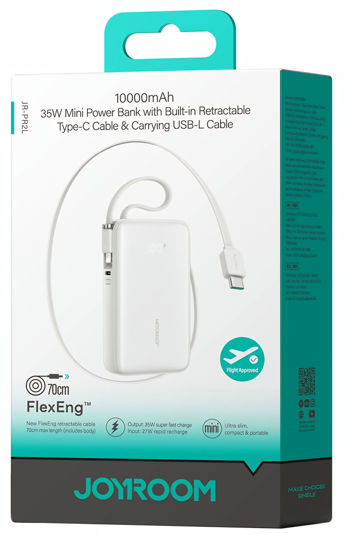 Batteria Esterna Joyroom JR-PR2L, 10000mAh, 35W, QC + PD, 1 x Lightning - 1 x USB-C, Bianca