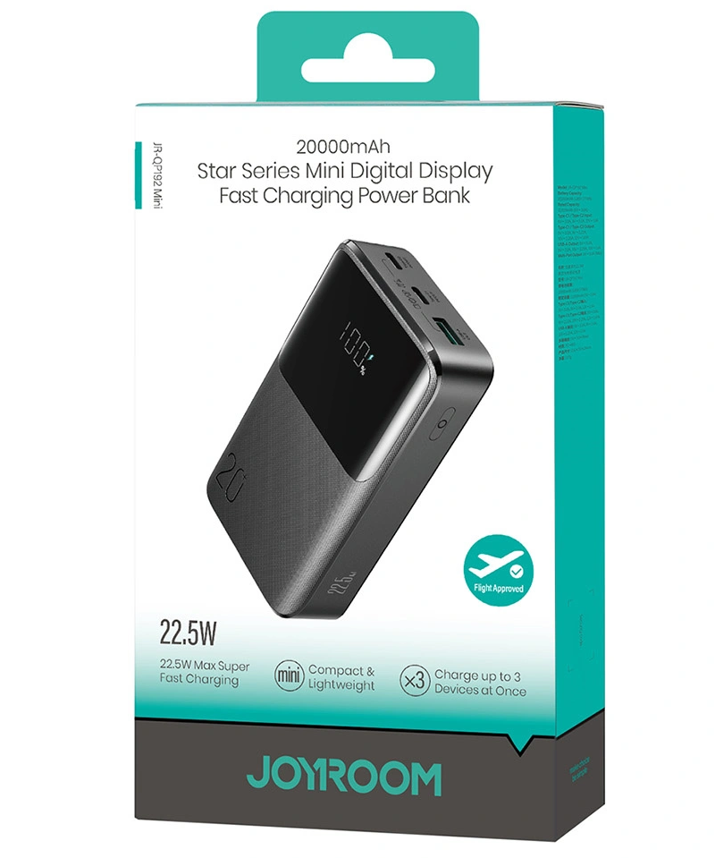 Batteria Esterna Joyroom JR-QP192, 20000mAh, 22.5W, QC + PD, 1 x USB-A - 2 x USB-C, Nera