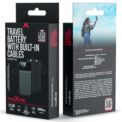 Batteria Esterna MaXlife MXPB-06, 10000mAh, 22.5W, QC + PD, 1 x Lightning - 2 x USB-A - 2 x USB-C, Nera