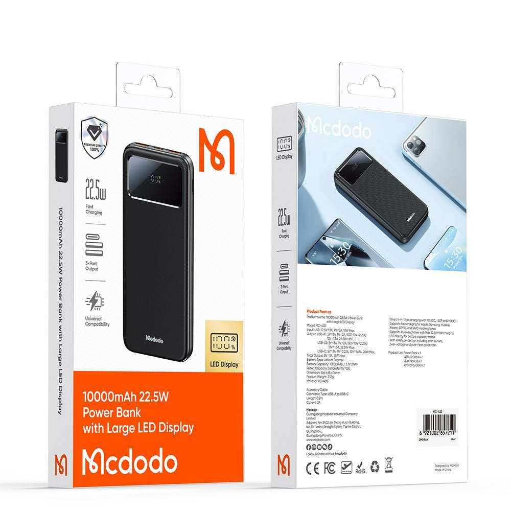 Batteria Esterna McDodo MC-4220, 10000mAh, 22.5W, QC + PD, 2 x USB-A - 1 x USB-C, Nera
