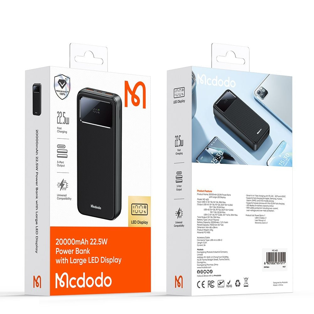 Batteria Esterna McDodo MC-4230, 20000mAh, 22.5W, QC + PD, 2 x USB-A - 1 x USB-C, Nera