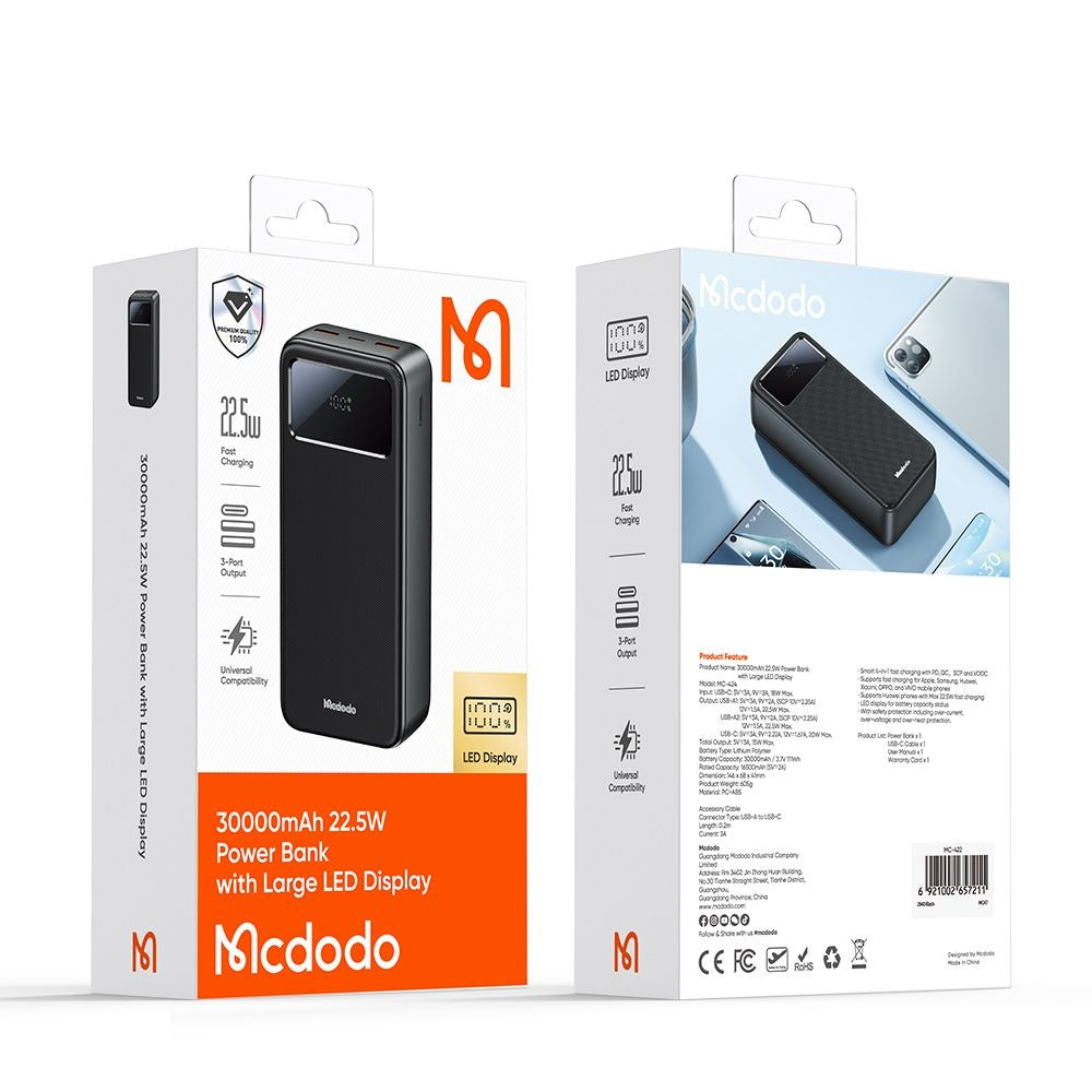 Batteria Esterna McDodo MC-4240, 30000mAh, 22.5W, QC + PD, 2 x USB-A - 1 x USB-C, Nera