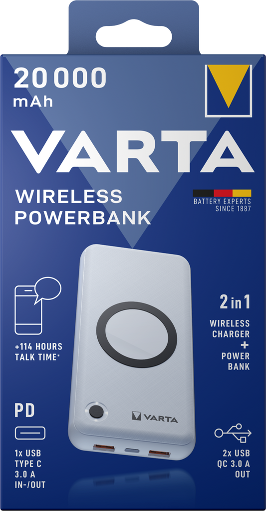 Batteria esterna wireless Varta Energy, 20000mAh, 18W, QC + PD + FQI, 1 x QI - 1 x USB-C - 2 x USB-A, Bianco