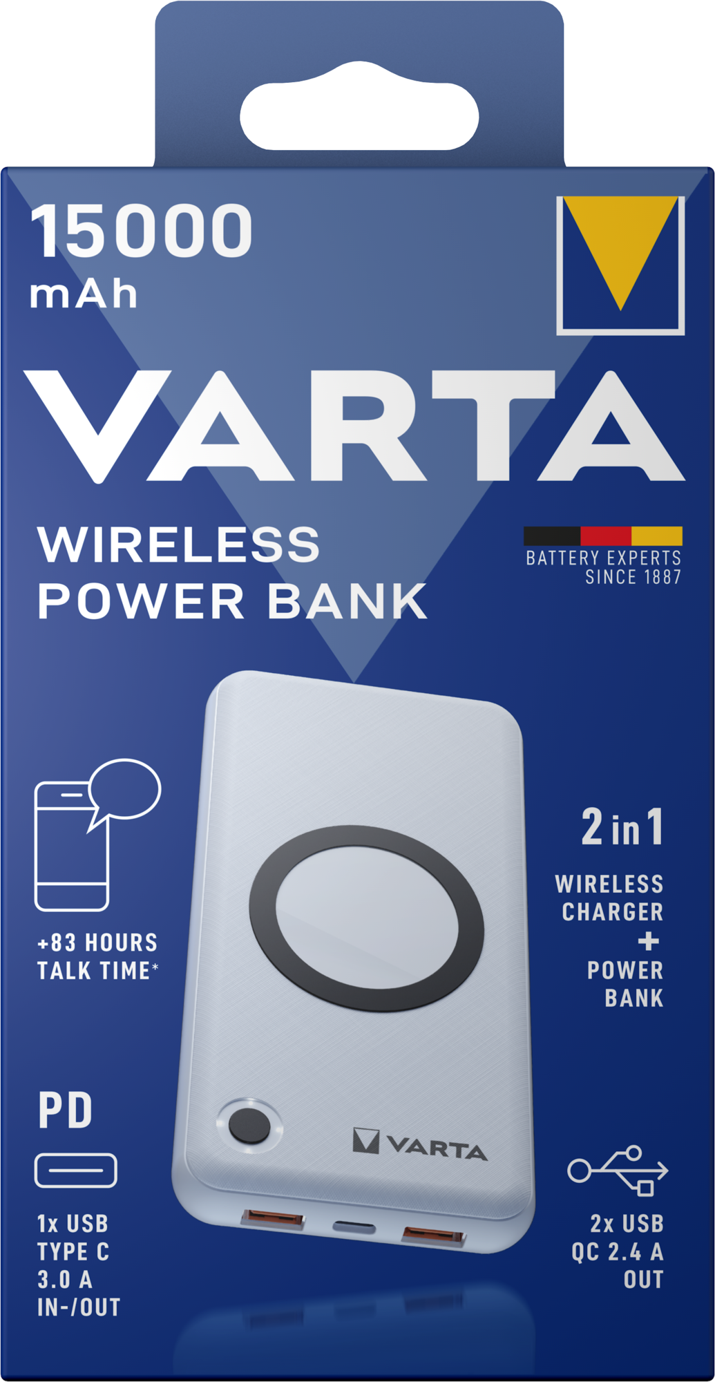 Batteria esterna wireless Varta Energy, 15000mAh, 18W, QC + PD + FQI, 1 x QI - 1 x USB-C - 2 x USB-A, Bianco